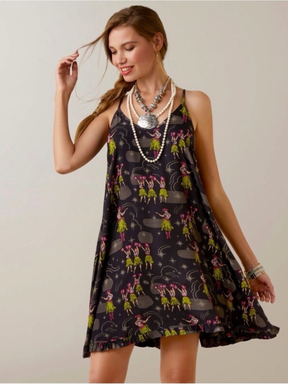 Ariat x Western Aloha Sleeveless Open Back Mini Dress in Hula Print Sz S